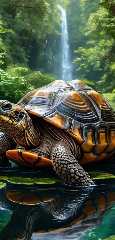 Turtle resting by a vibrant waterfall in a lush, green environment.