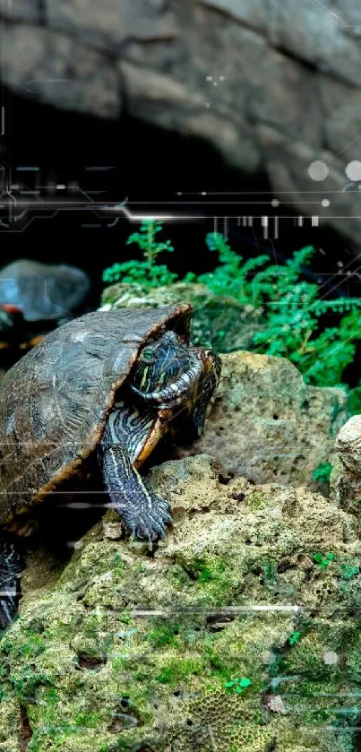 Turtle resting on rocks with green foliage in a serene setting.