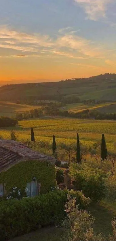 Tuscany sunset with rolling hills and vibrant sky.