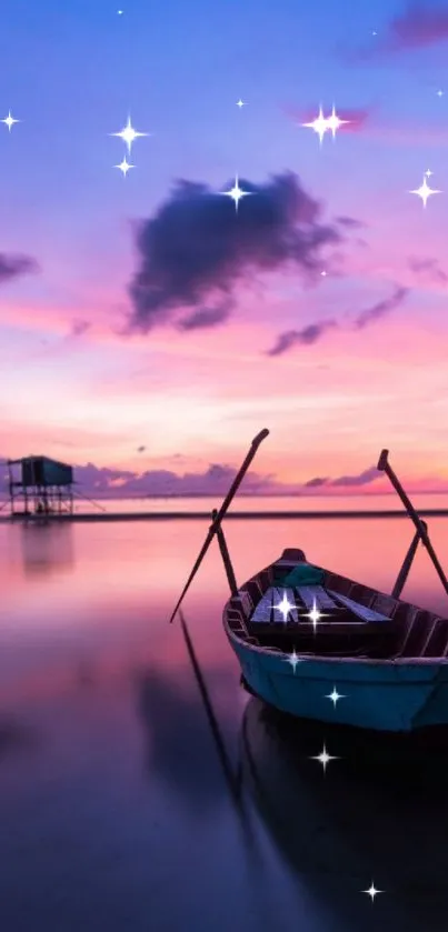 Lone boat on twilight sea with pink sky and sparkling stars.