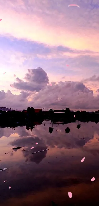 Twilight lake reflection with serene sunset sky.