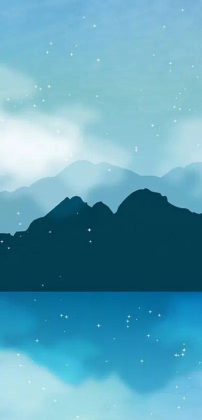 Serene mountain scene with a starry night sky reflected in the water.