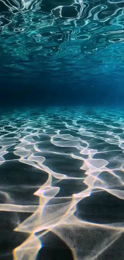 Peaceful underwater scene with blue hues and light ripples on the surface.