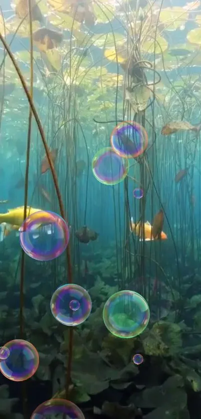 Underwater scene with fish and bubbles creating a peaceful mobile wallpaper.