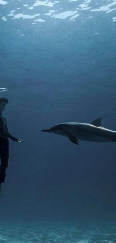 Underwater scene of a person meeting a dolphin.