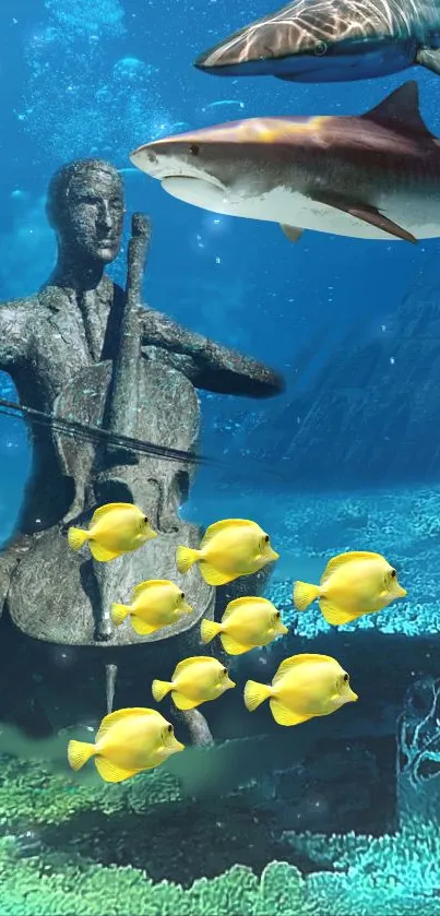 Fantasy underwater scene with musician and ocean ambiance.