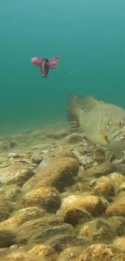 Underwater fish swimming above a rocky riverbed