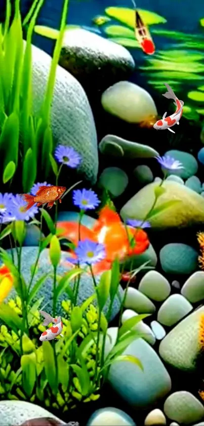 Colorful aquarium scene with koi fish and flowers.