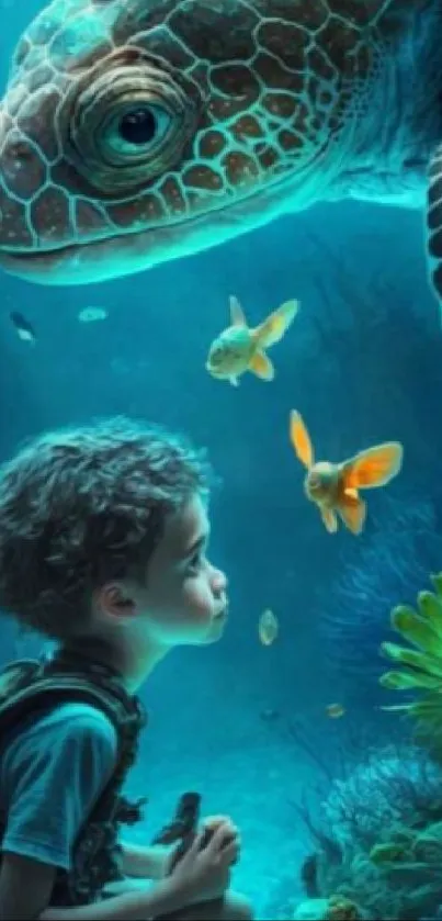 A serene underwater scene with a boy and a sea turtle.