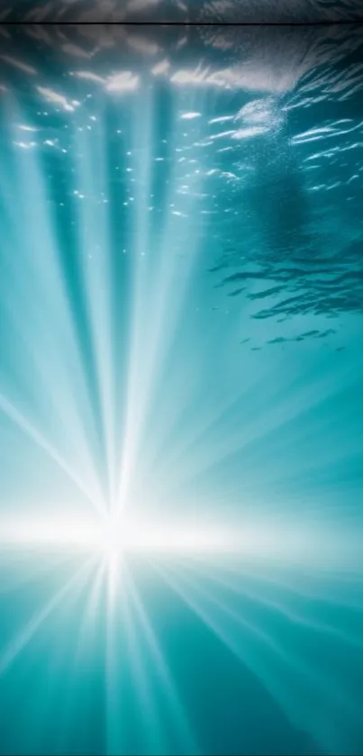 Tranquil underwater scene with radiant blue light rays.