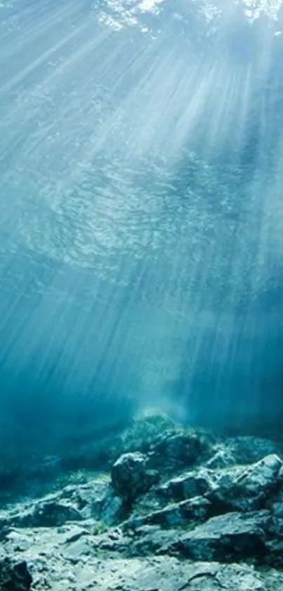 Underwater scene with sunlit blue ocean and rocky seabed.