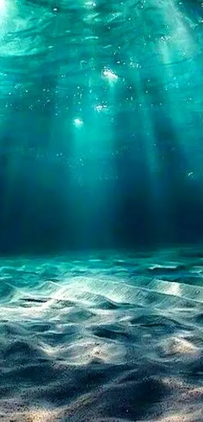 Serene underwater ocean scene with rays of sunlight.