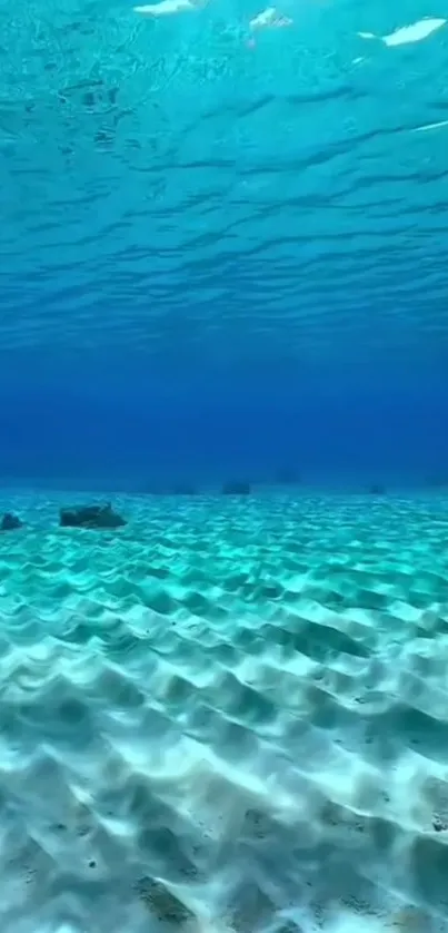 Serene underwater view of blue ocean with rippled sandy bottom.