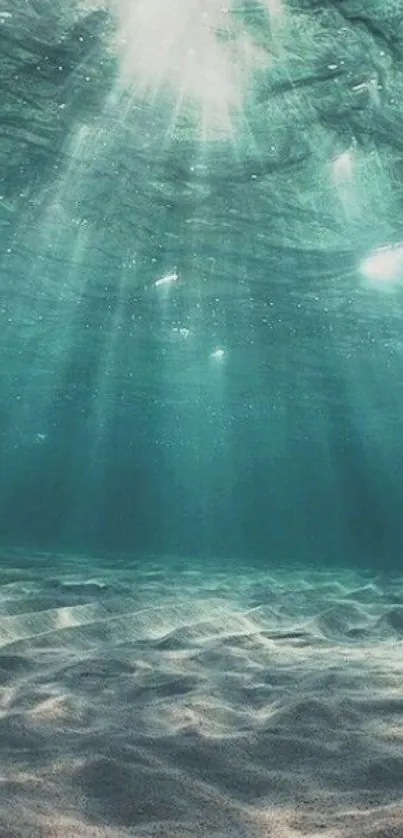 Underwater ocean view with sun rays and sand