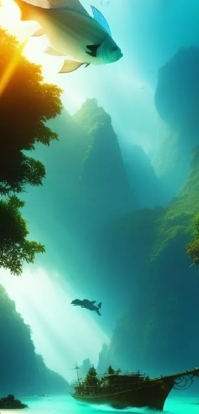 Sunlit underwater scene with fish and coral.