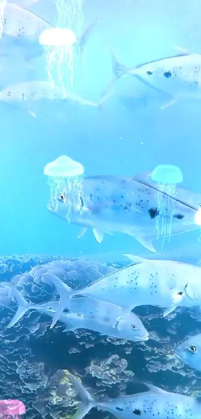 Underwater scene with fish and jellyfish in a serene ocean setting.