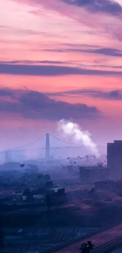 Purple sunset over urban skyline with bridge.