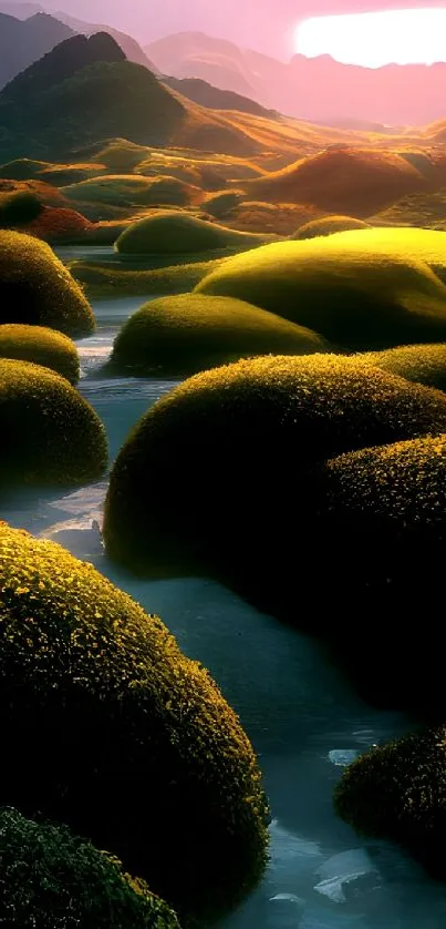 Lush green valley with golden sunlight.