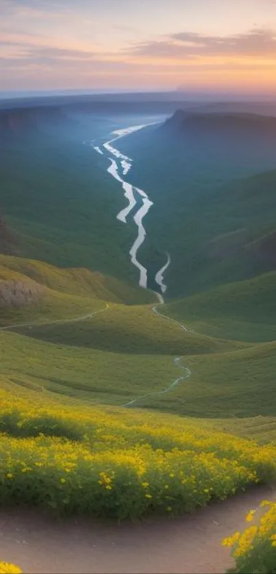 Serene valley with river and wildflowers at sunset.