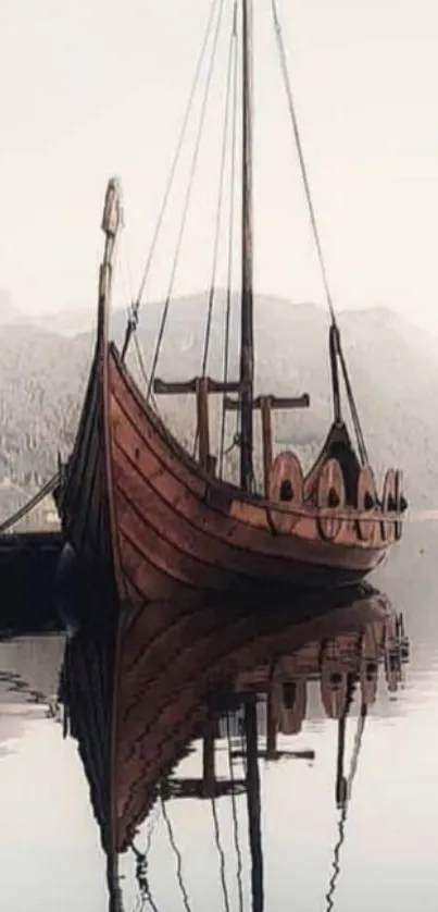 Elegant Viking ship reflected on still waters.