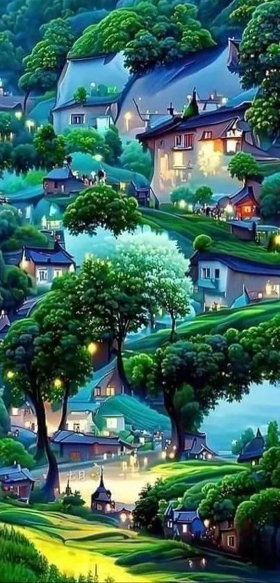 Serene village landscape at night with lush greenery and illuminated houses.