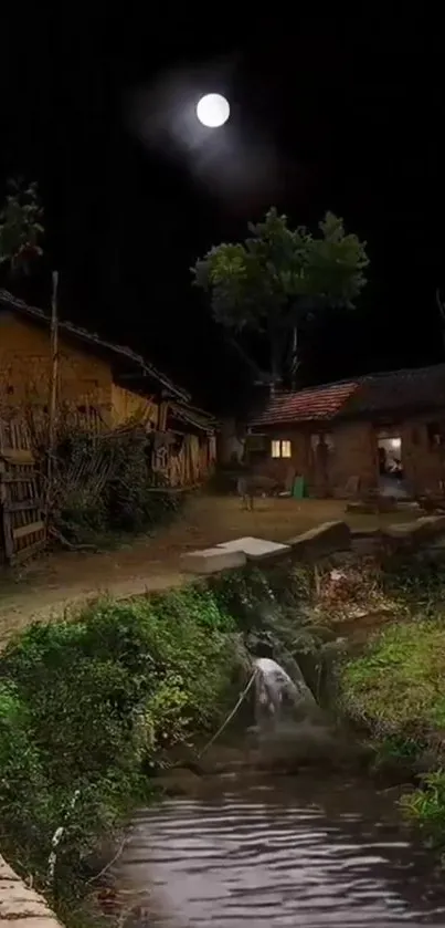 Moonlit night in serene village setting with tranquil stream and rustic houses.