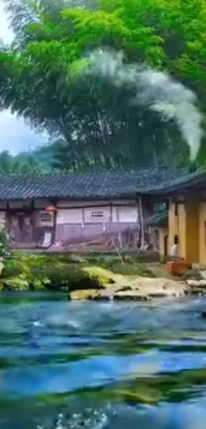 Serene village with a stream and rustic house in lush greenery.