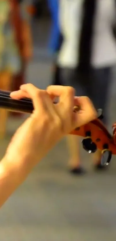 Close-up of a hand playing violin strings.