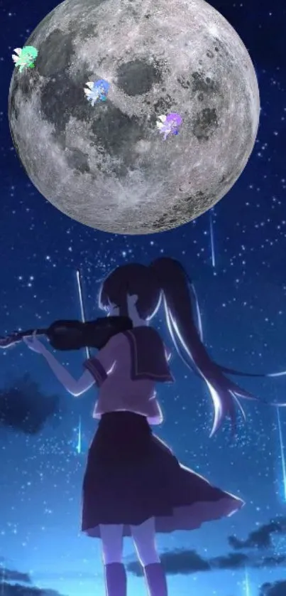 Anime girl plays violin under a full moon with shooting stars.