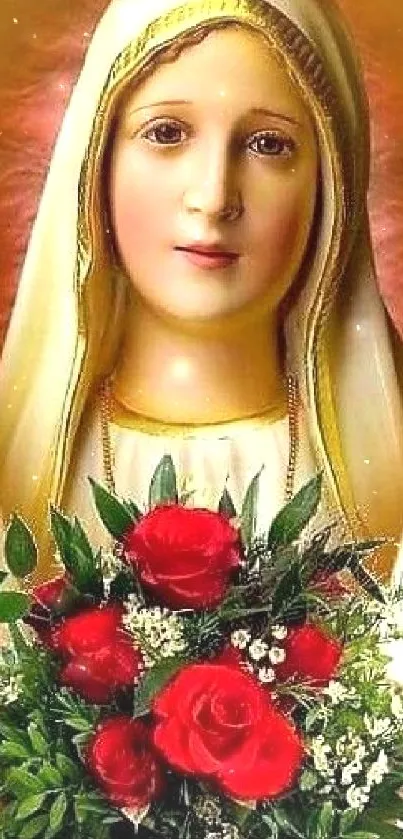 Virgin Mary with red roses wallpaper, serene and spiritual design.