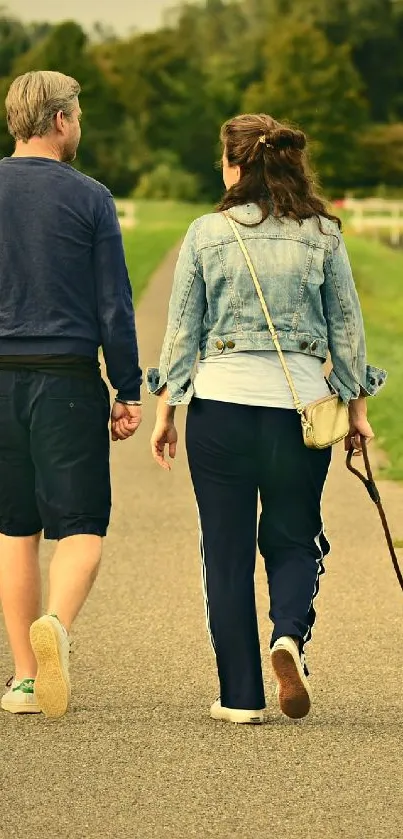 A couple and dog walking on a scenic green path under a serene sky.