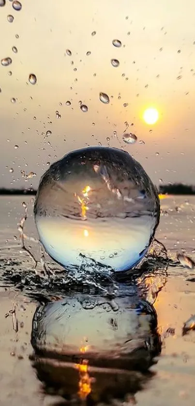 Reflective water droplet against sunset sky wallpaper.