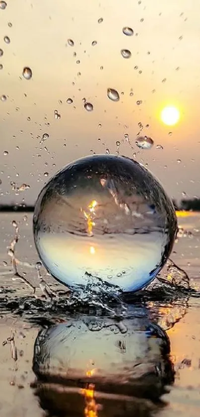 Sunlit water droplet reflecting sunset over calm water in serene mobile wallpaper.