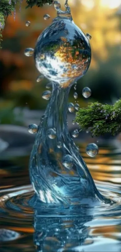 Artistic water droplet against lush greenery background.