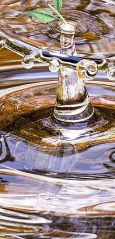 Artistic water droplet with leaf design on serene brown background.