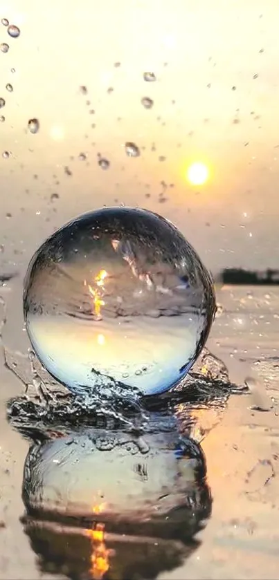 Water droplet reflecting a tranquil sunset on a serene lake.