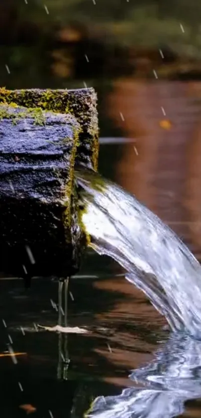 Peaceful stream flowing from moss-covered log with gentle raindrops.