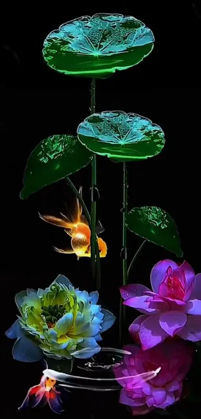 Colorful water garden wallpaper with flowers and fish.