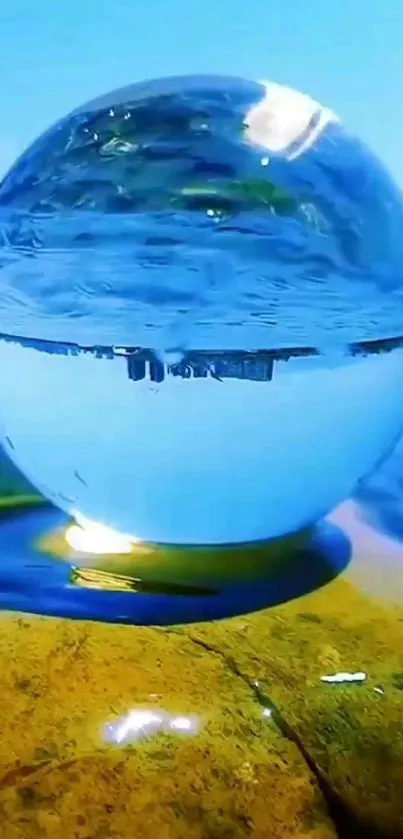 Crystal sphere on water with reflective and vibrant blue hues.