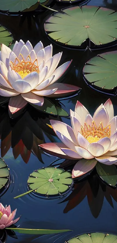 Blooming water lilies with green pads on reflective water surface.