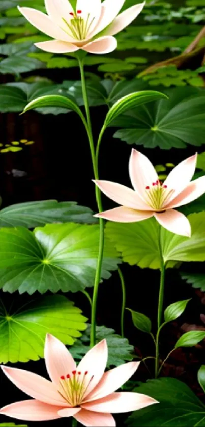 Serene water lilies amidst green leaves on a peaceful pond.