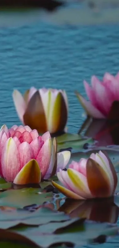 Pink water lilies and green lily pads over calm water.