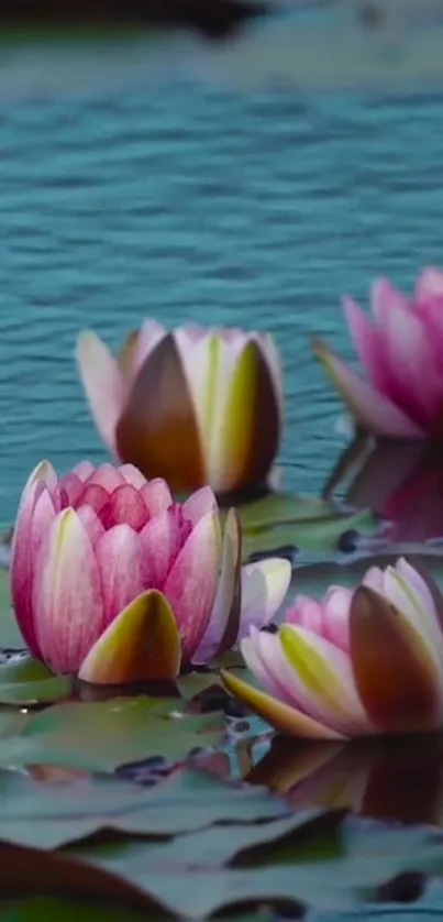 Pink water lilies floating on a serene pond with green lily pads.