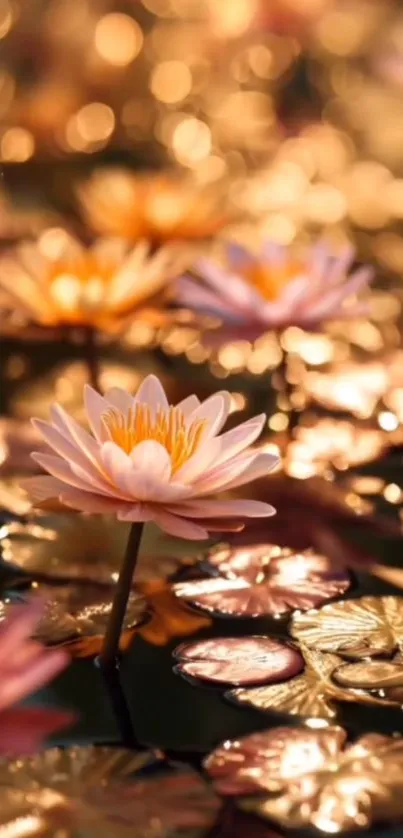 Serene water lilies with golden reflections.