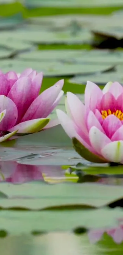 Serene pink water lilies on a calm pond with green leaves floating.