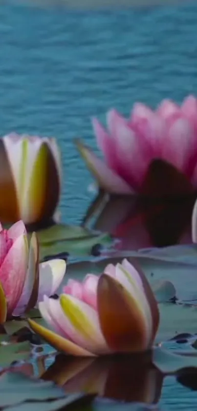 Mobile wallpaper with pink water lilies on a serene blue pond.