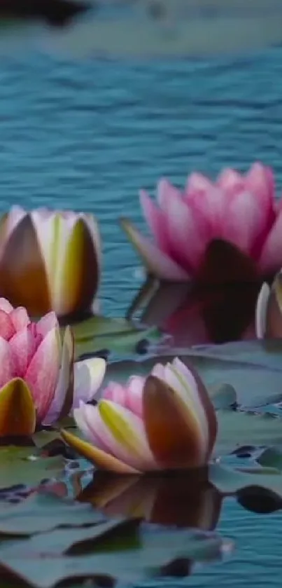 Pink water lilies floating on a serene pond, perfect for mobile wallpaper.