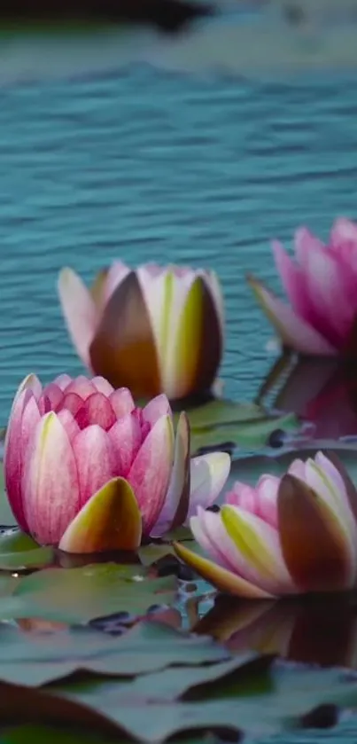 Serene pink water lilies floating on a tranquil pond.