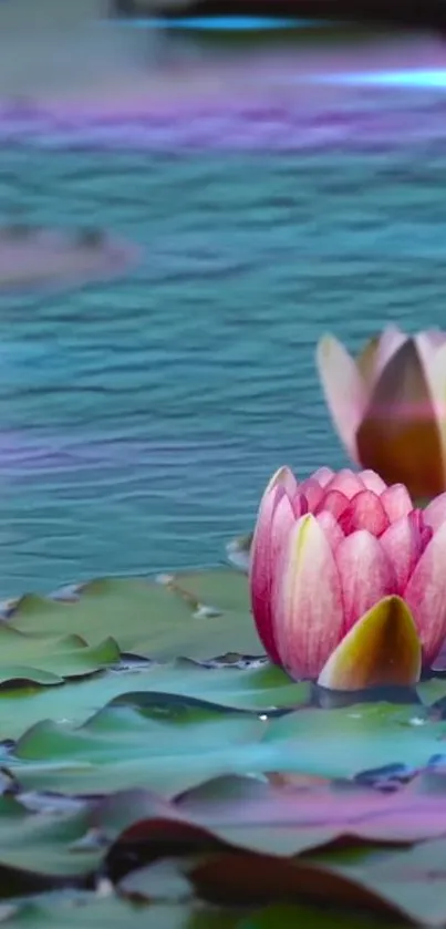 Serene water lily wallpaper with pink petals.