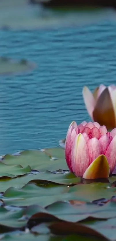 Pink water lilies blooming on calm water, creating a serene atmosphere.